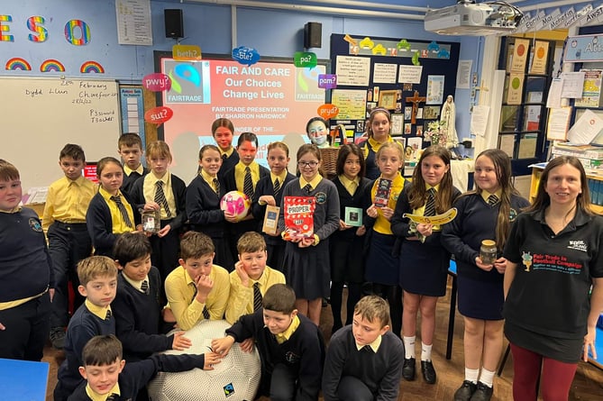St. Teilo’s pupils, Tenby, with Fair Trade In Football Campaign founder Sharron Hardwick