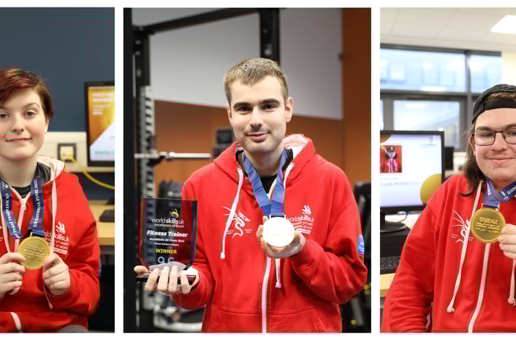 Pembrokeshire College Inclusive Skills Gold Medal Winners Kyle Robertson for Fitness Training and Emily Sinnott and Declan Morrissey for Media
