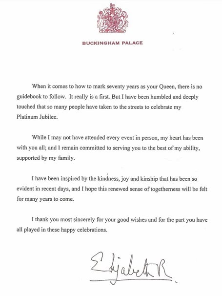 A thank you letter from HM The Queen