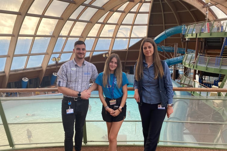 Josh Harris, Carys Blow and Ellen Keane from Bluestone National Park Resort at Blue Lagoon water park