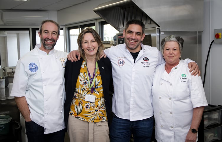 Chefs Stephen Terry and Owen Morgan with Tracy Jones, Ty Hafan's Director of Family Wellbeing and Outreach and Ty Hafan chef Jayne X