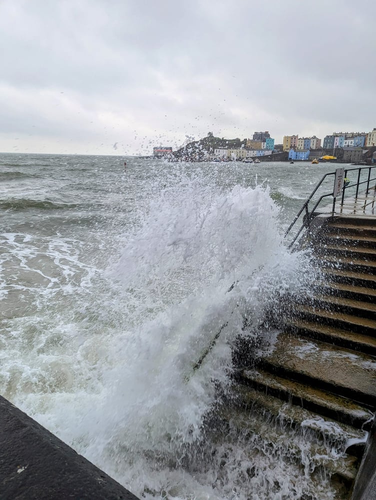 Waves crash at high tide, Tenby