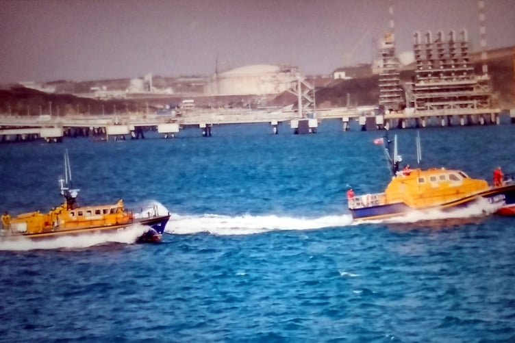 Tamar class lifeboat RNLB Mark Mason on the haven with the former Tyne Class Angle Lifeboat, RNLB The Lady Rank. ÒBuilding these boats and saving lives at sea is why we fundraise; none of it is possible without your support,Ó said Daphne Bush of Pembroke Ladies Lifeboat Guild.