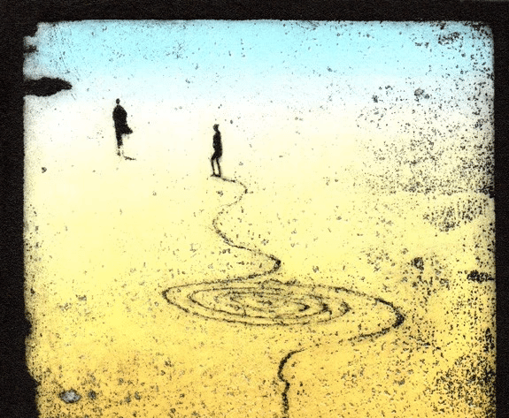 Theresa Pateman: Etching of Figures tracing out a spiral in the sand called ‘Beach Bodies 2’