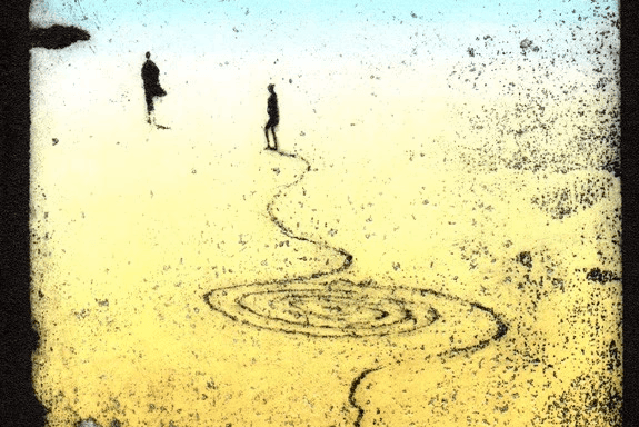Theresa Pateman: Etching of Figures tracing out a spiral in the sand called ‘Beach Bodies 2’