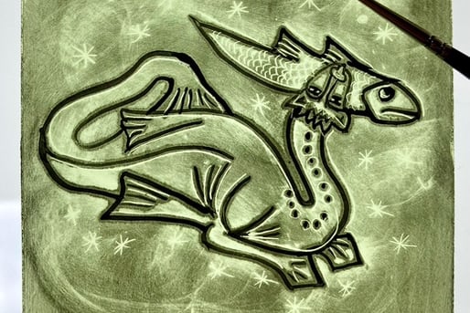 mediaeval sea dragon with fish by Pam Blackhurst