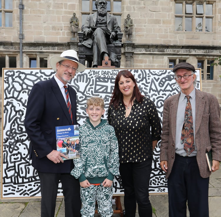 Andrew Fox, founder of Darwin200 with Joe Whale the Doodle Boy, Samantha Williams from the Darwin Centre and Felix Padel, Darwin's great great grandson