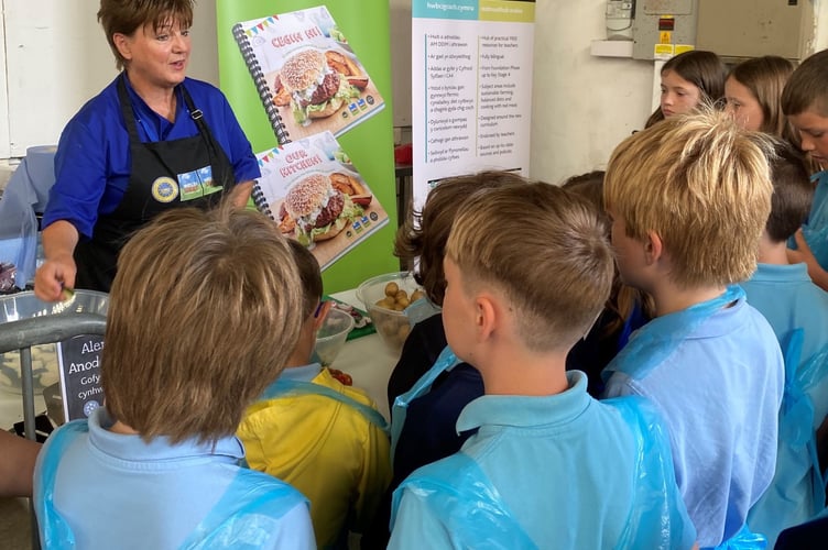 HCC’s Elwen Roberts creating PGI Welsh Beef kebabs with school children in Pembrokeshire