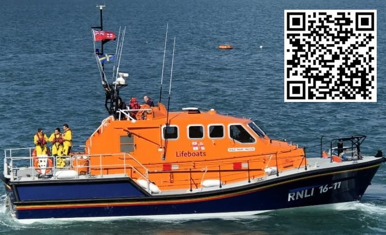 The Angle RNLI Lifeboat, RNLB Mark Mason. Scanning the QR code takes you to a Pembrokeshire Coast National Park leaflet in PDF form to download. It shows a map of the round-Angle route and contains some useful information.