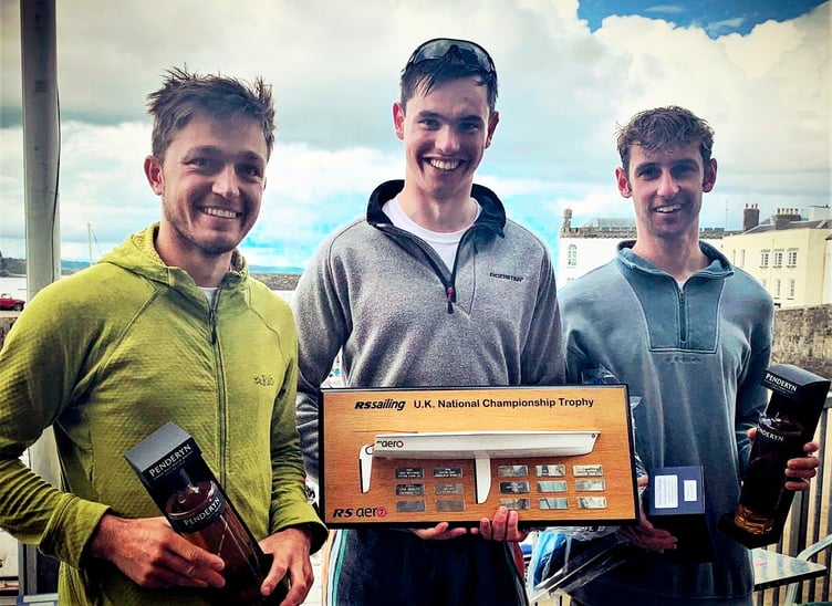 Aero National Championships Winners were Aero 5s: Tom Ahiheid, Frensham Pond, and Aero 7s: 1st Tim Hire (seen centre above), Lymington; 2nd Jack Miller (right - Felpham & Paignton); 3rd Noah Rees (left - Torpoint Mosquitoes).