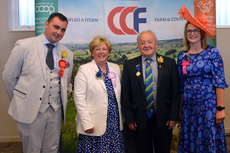 Pembrokeshire County Show 2023 Ambassadors Luke Watts (left) and Betsan Williams (right) pictured with Helen and Brian Jones, President of the County Show.