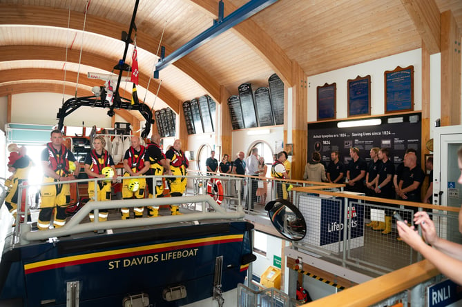 Lifeboat volunteers at St Davids on the day of the royal visit.