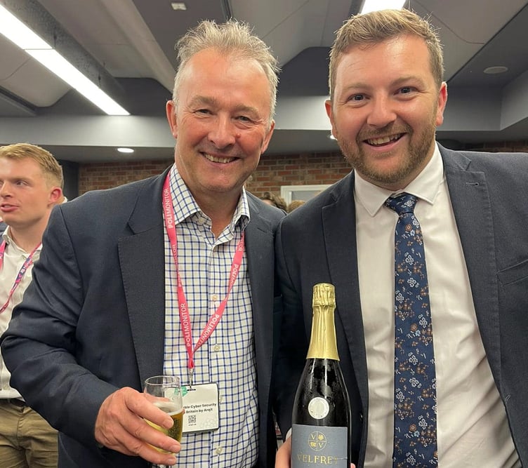 Simon Hart and Samuel Kurtz sampling Pembrokeshire produce with Velfrey Vineyard sparkling wine