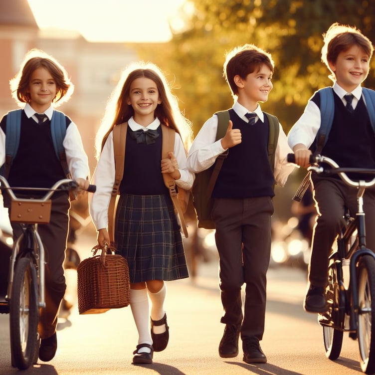 Children walking and riding to school