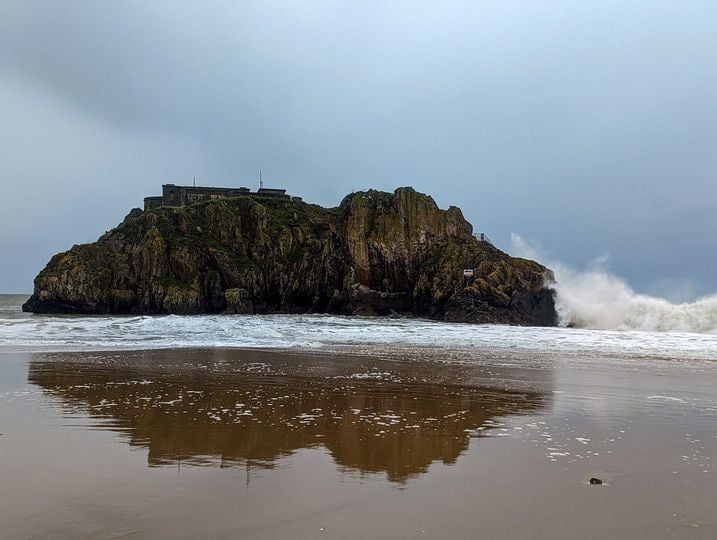 Waves crashing against St Catherine’s Island during Storm Ciarán