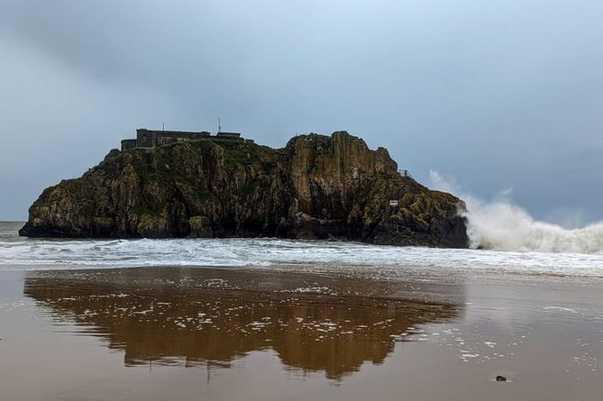 Waves crashing against St Catherine’s Island during Storm Ciarán