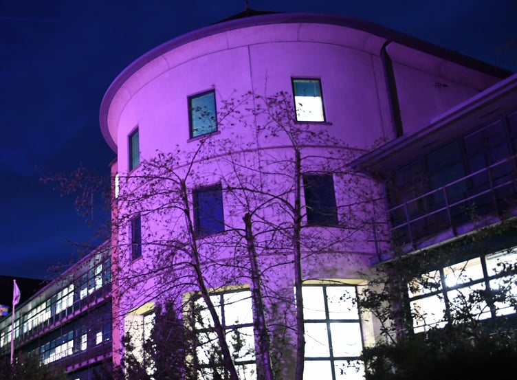 County Hall in Haverfordwest lit up in purple