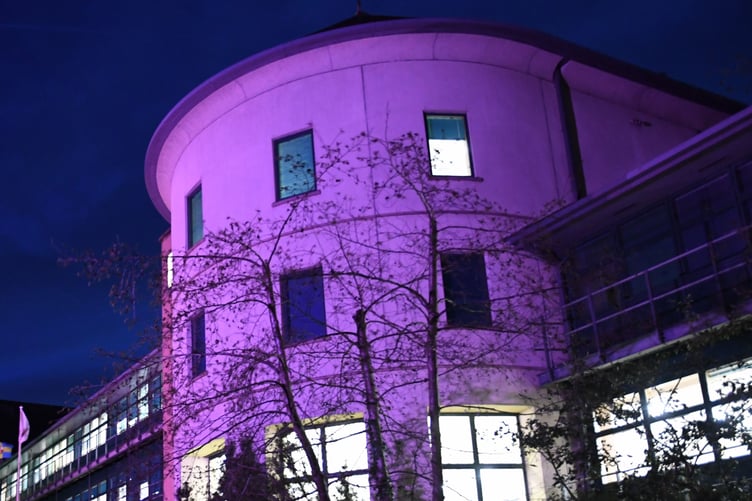 County Hall in Haverfordwest lit up in purple