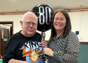 Grand Master Mike Baker celebrating his 80th birthday with club owner Irene Delahunty