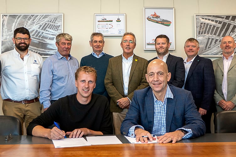 Pictured, from left to right, are Steven Bonder (NG Shipyards), Jamie Furlong (Milford Haven Port Authority), Albert Keizer, Dirk Keizer (NGS), Ian Shipperly, Chris Martin, Tom Sawyer, Gareth Phillips (MHPA), Steven Lee (BMT), Mike Ryan, and Luke Mason (MHPA).