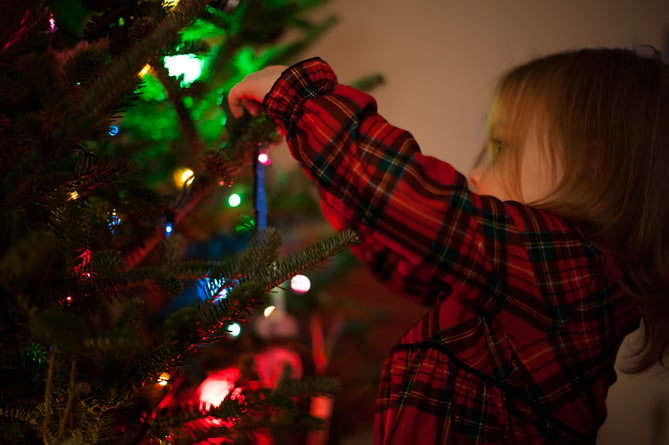 Young girl decorating Christmas tree with lights
