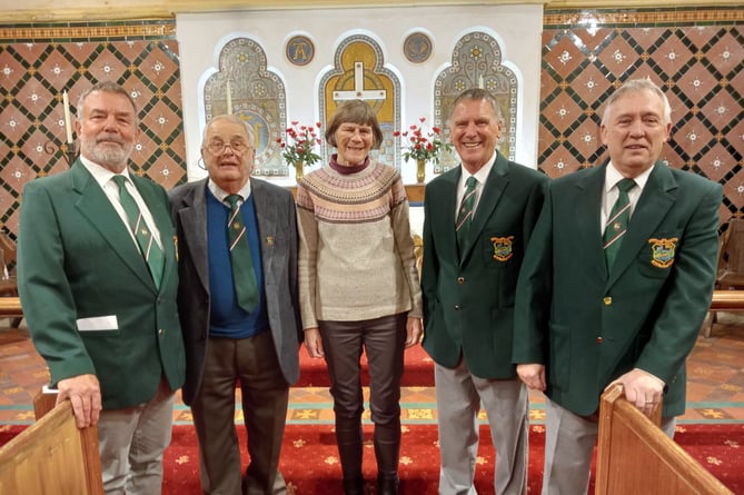 Vicky Tomlinson of Lamphey Church is pictured following the concert with, left to right, new chorister Bim Mason, Choir President Clive Collins, Jeff Hurton and Dave Brinn.