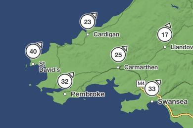 Forecast wind speeds at 9pm today, December 27 show the St Davids peninsula bearing the brunt of Storm Gerrit.