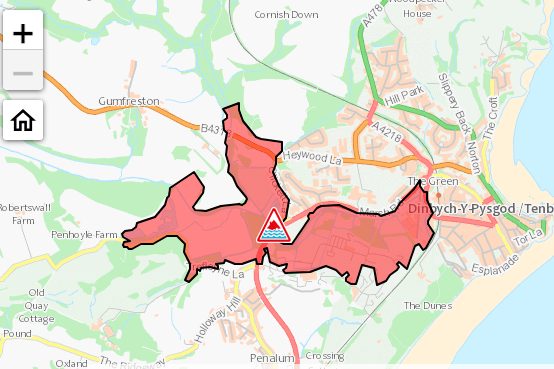 The extent of the severe flood warning, Ritec River at Tenby