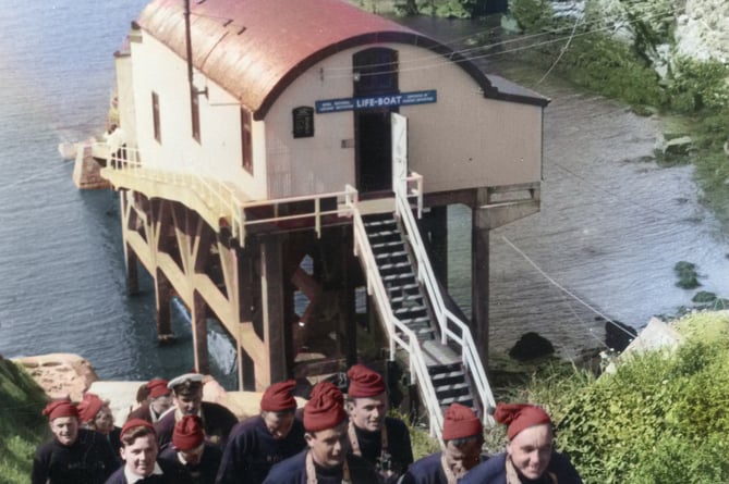 Colourised photo of 1960s St Davids RNLI crew
