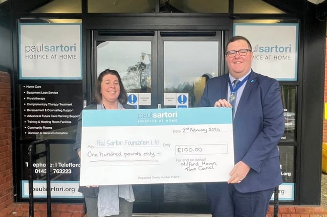 Pictured are Judith Williams, Grant Development Officer at Paul Sartori with Councillor William Elliot, Deputy Mayor at Milford Haven Town Council.
