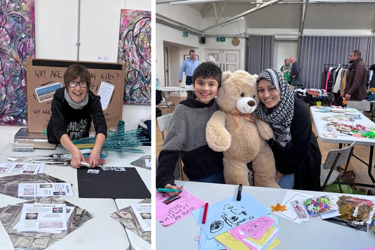 Palestine Fundraiser at Haverhub - Anna leading the kite making and the winner of Name the Teddy Bear.
