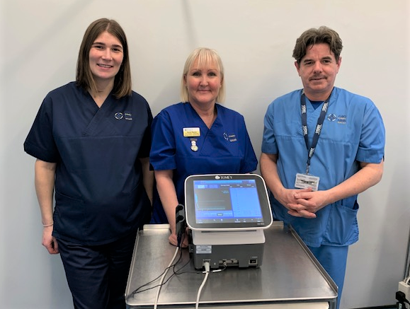 Pictured with the new ultrasound imaging system at Glangwili Hospital, Carmarthen are Casey Griffiths, Senior Sister; Cerys Stacey, Ophthalmic Specialist Nurse; Christian Jones, Staff Nurse.