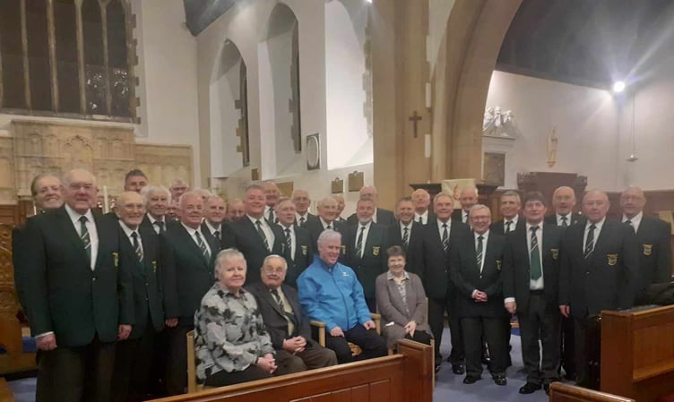 Following the RNLI concert at St Mary’s Church, Pembroke, Stephen Thornton, of Valero Refinery, sponsor of Pembroke Male Choir’s smart new attire, joined the choir for a group photograph. With Mr Thornton are Musical Director Juliet Rossiter, President Clive Collins and Accompanist Carole Rees.