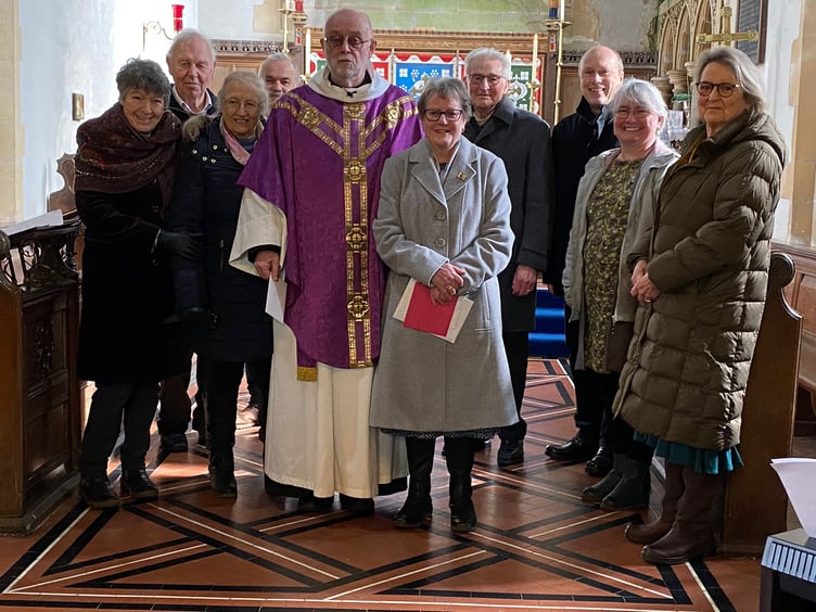 Rev'd Cox and Mrs Barbara Cox with Wardens of the four churches of the Narberth Benefice - St Andrew’s Narberth, Holy Cross Robeston Wathen, St John the Baptist Templeton and St Womar's Minwear