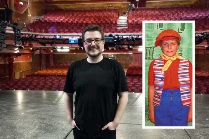 Tom’s first production (inset), and an up-to-date picture of him on the Adelphi Theatre stage in London's West End.