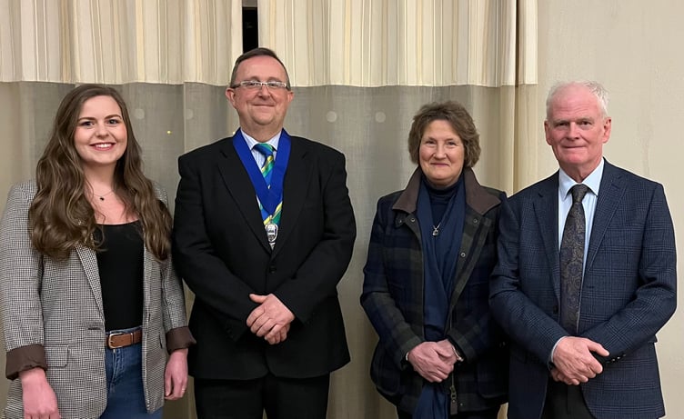 2024 Ambassador Ffion Edwards, president Adam Thorne, and presidents elect Margaret and Tim John.