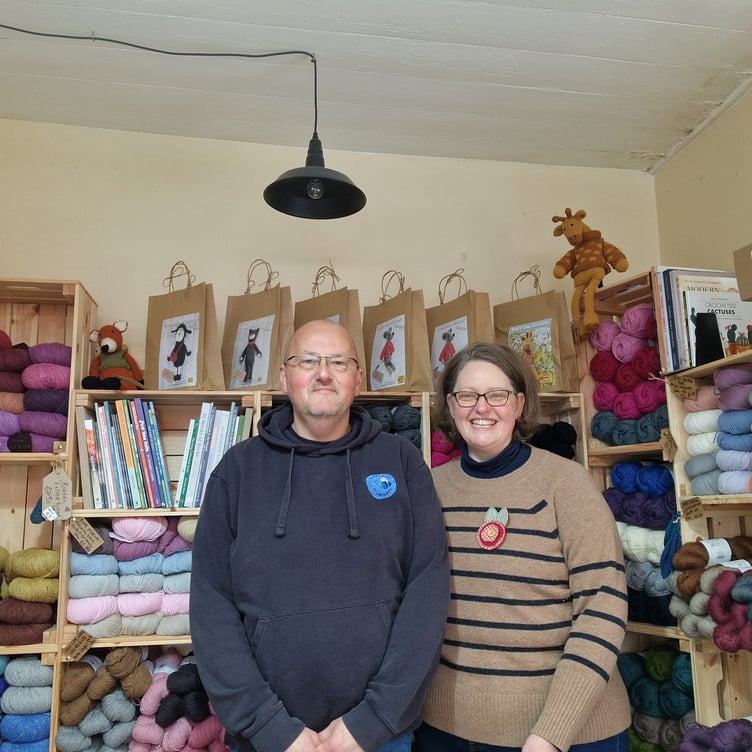 Linzi and Jason Brown in the Bumblebees wool and haberdashery shop in Llandovery