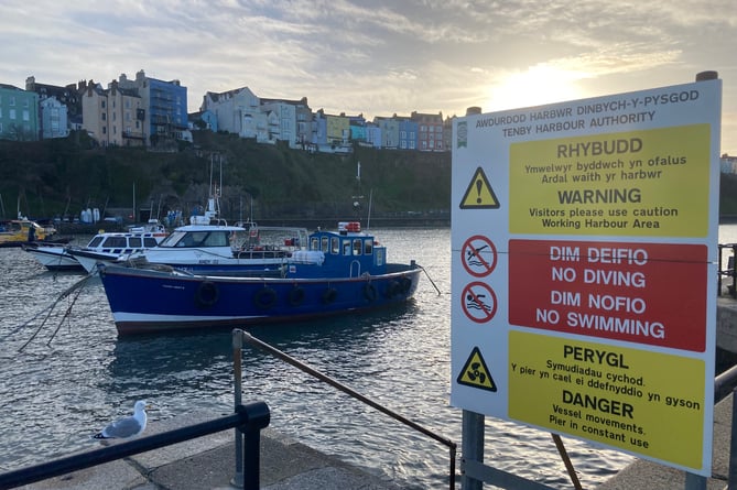 Warning signs at Tenby Harbour
