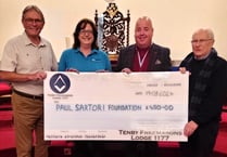 Tenby Freemasons donate to Paul Sartori charity in memory of Jason