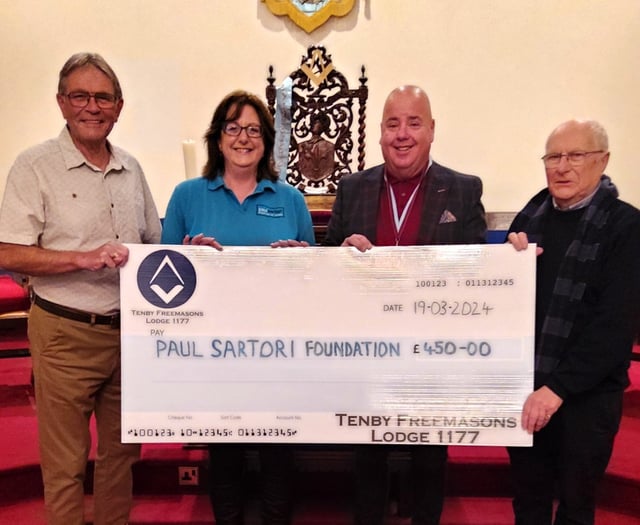 Tenby Freemasons donate to Paul Sartori charity in memory of Jason