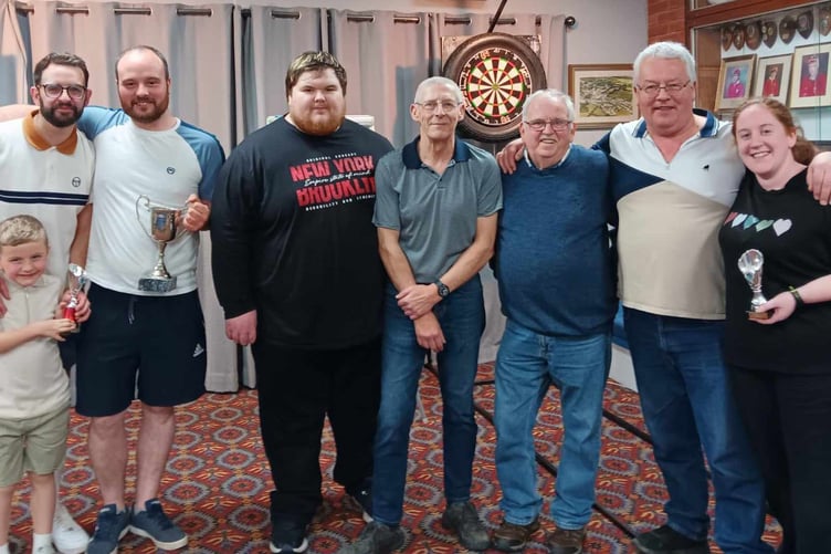 From Left: (tournament runner up) Grant Howells and Son, (winner) Antony Lewis, (chairman) Jason Adams, (secretary) Colin Hallwood, (committee member) Malcolm Harris, (vice-chairman) Clive Jones, (furthest lady) Sophie Davies