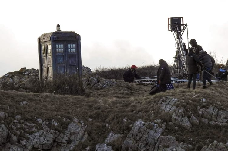 Filming the Tardis on the Pembrokeshire cliffs between Lydstep and Penally for an episode of Doctor Who.