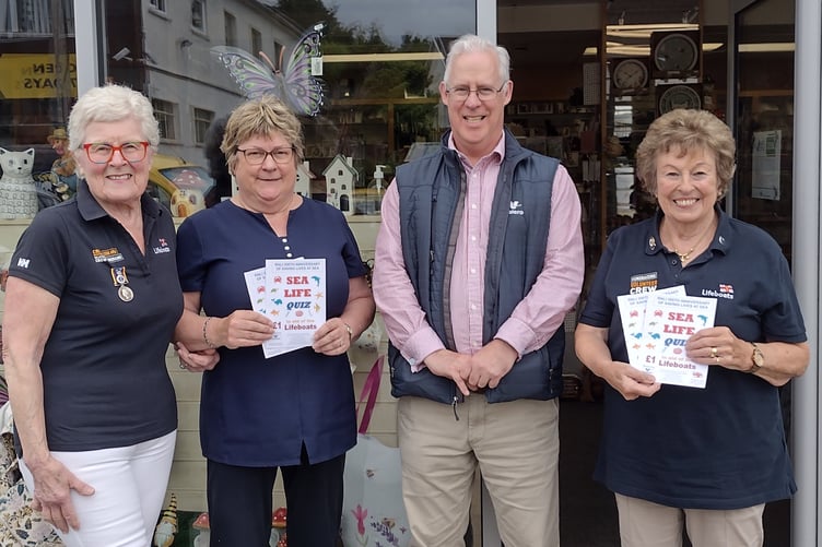 Launching the RNLI Sea Quiz at Kilgetty Pharmacy are Pembroke RNLI Guild chair Daphne Bush, Pharmacy Manager Carolyn Finlay, Valero policy & public affairs manager Stephen Thornton and Quiz author, Saundersfoot RNLI Branch president Jennie McIntosh.