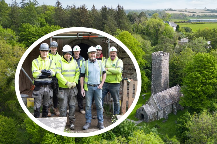 Gumfreston Church, with inset of restoration team