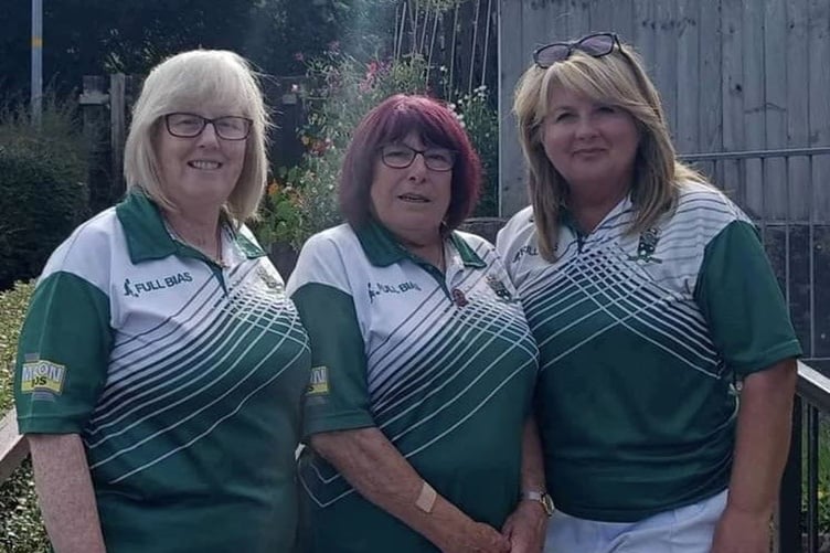 County triples winners, Kathy Jenner, Tracey Hollins and Cally Jones, of Whitland Bowling Club. Kathy and Cally also won the four-wood pairs title