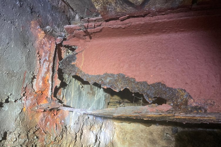 Rusted bell support beam at St Mary’s Church, Pembroke