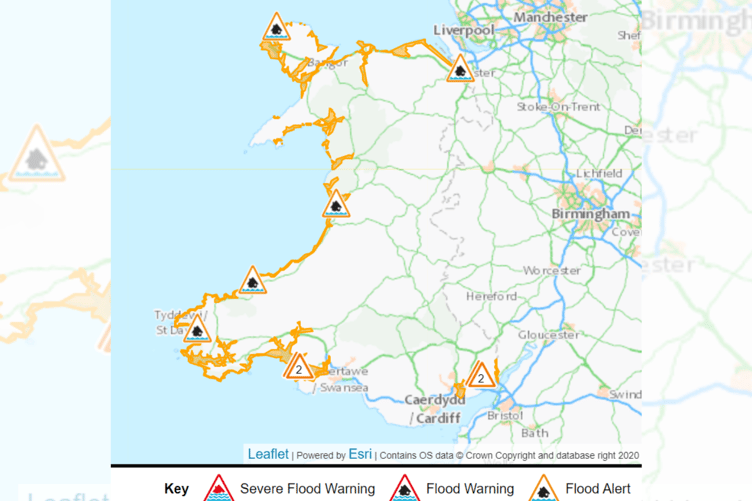 A flood alert has been issued for the majority of the Welsh coastline
