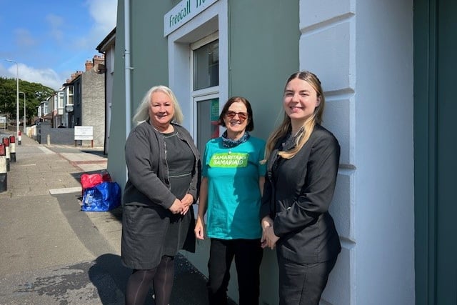 Laura and Sian from Yorkshire Building Society in Tenby meet with Janet Neale from The Samaritans