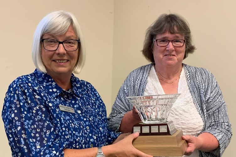 Neyland Ladies Choir outgoing Chairlady, Sandra Western presenting the Waterford crystal bowl to the incoming Chairlady, Jayne Edwards.