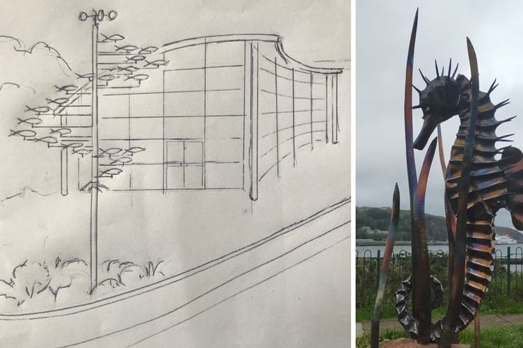 The planned seahorse sculpture and and a drawing of the wind-powered shoal of fish. Picture: Pembrokeshire County Council application.
